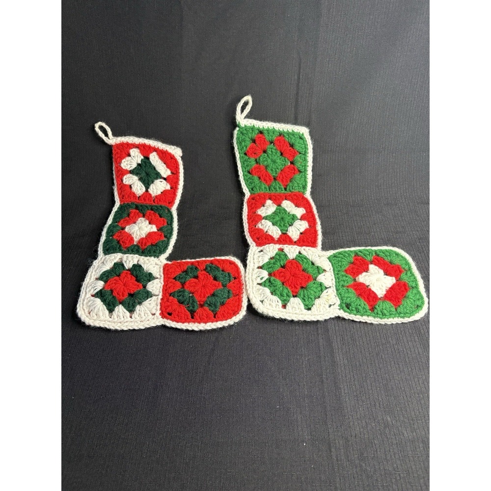 Vintage Lot 2 Handmade Granny Square Crochet Christmas Stockings Red Green 70s
